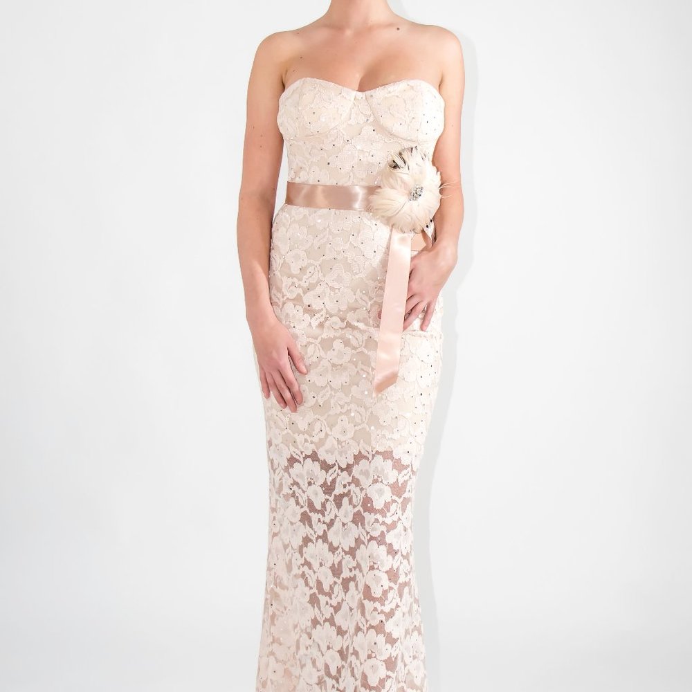 City Triangles Strapless Nude Floral Lace Floral Feather Ball Gown Dress XS
